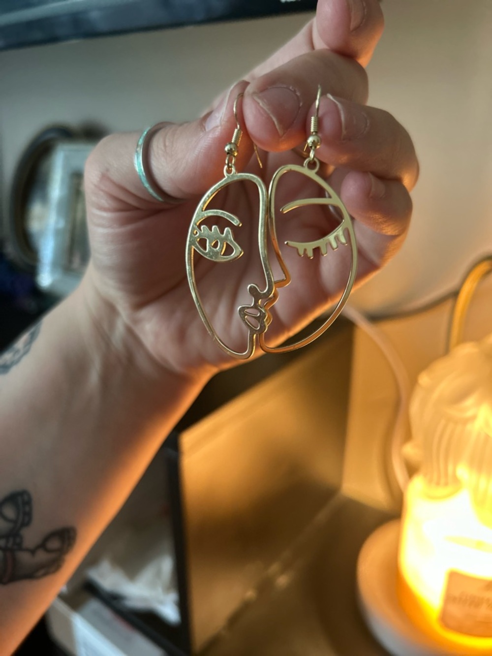 Abstract Faces Gold Drop Earrings